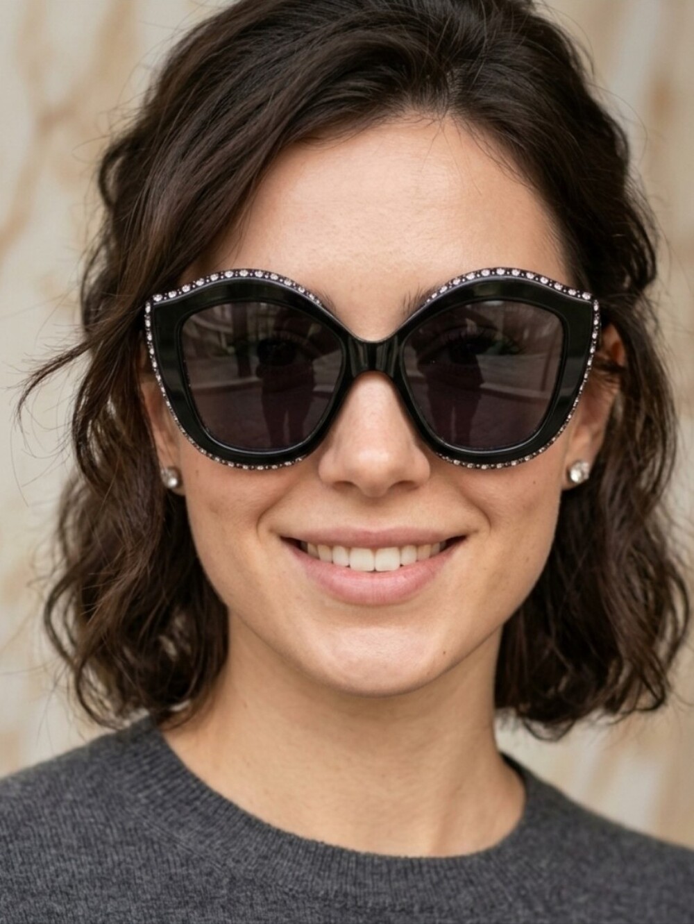 Steve Madden Black Crystal-Trim Cat Eye Sunglasses